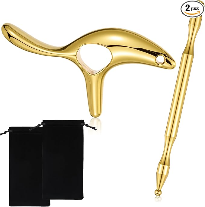 2 Pcs Trigger Massage Tool Acupuncture Pen Gua Sha Massage Scraping Tool Manual Reflexology Body Point Deep Tissue Muscle Scraper Massager for Head Neck Hand Waist Calf Foot (Gold,Medium)