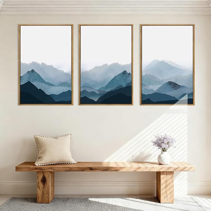 BINCUE Large Blue Mountain Wall Art Fog Blue Ridge Mountains Artwork for Living Room Bedroom Office 24x36 Inch Set of 3