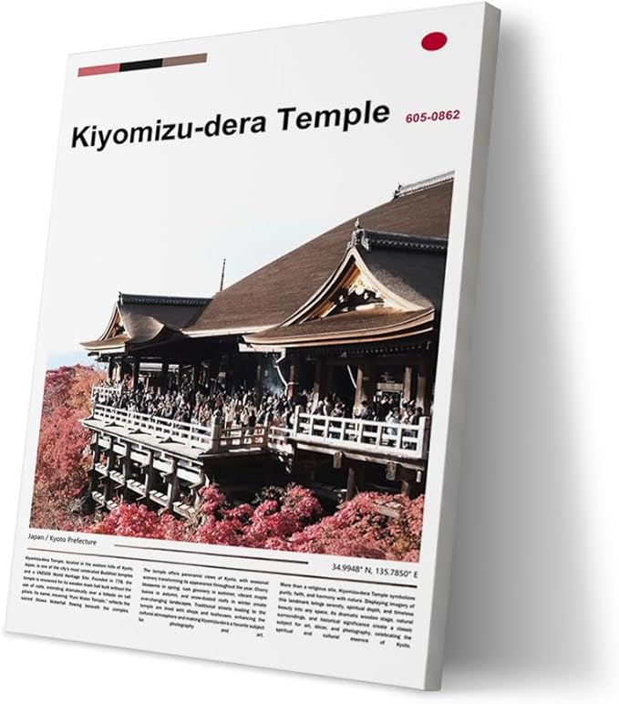 Poster Kiyomizu-dera Temple Wall Art Original Design(36"x24" Golden Frame) Kyoto Japan Pagoda Print Autumn Red Maple Leaf Landscape Scenery Buddhist Shrine Zen Culture Travel Landmark Series Picture