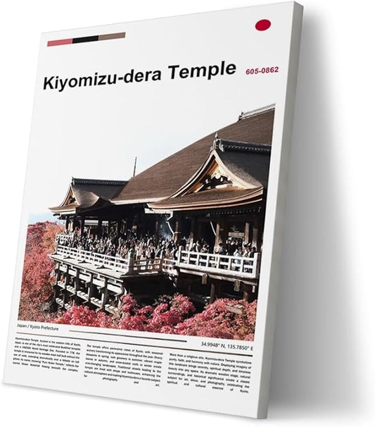 Poster Kiyomizu-dera Temple Wall Art Original Design(17"x11" Metal Frame) Kyoto Japan Pagoda Print Autumn Red Maple Leaf Landscape Scenery Buddhist Shrine Zen Culture Travel Landmark Series Picture
