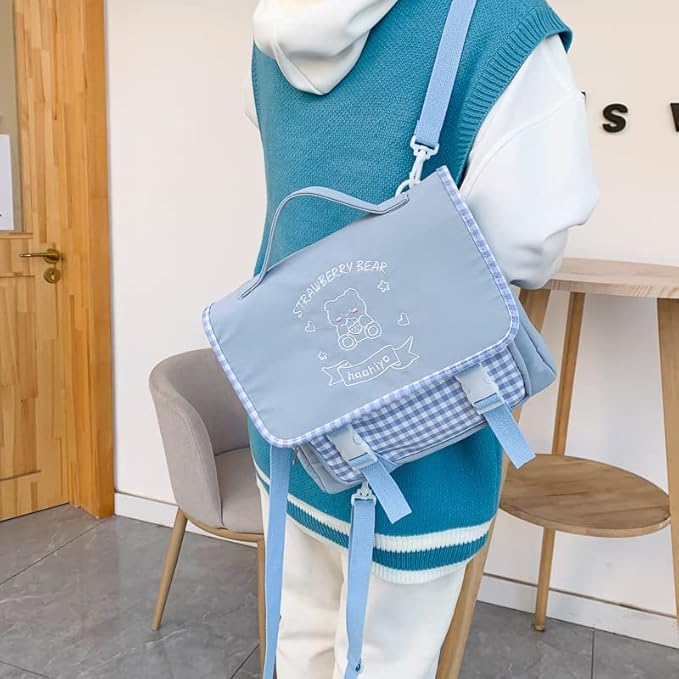Japanese Kawaii Bunny Ear Backpack with Cute Manga Girl School Backpack Book Bag Satchel Student Teen JK (Medium, Blue)