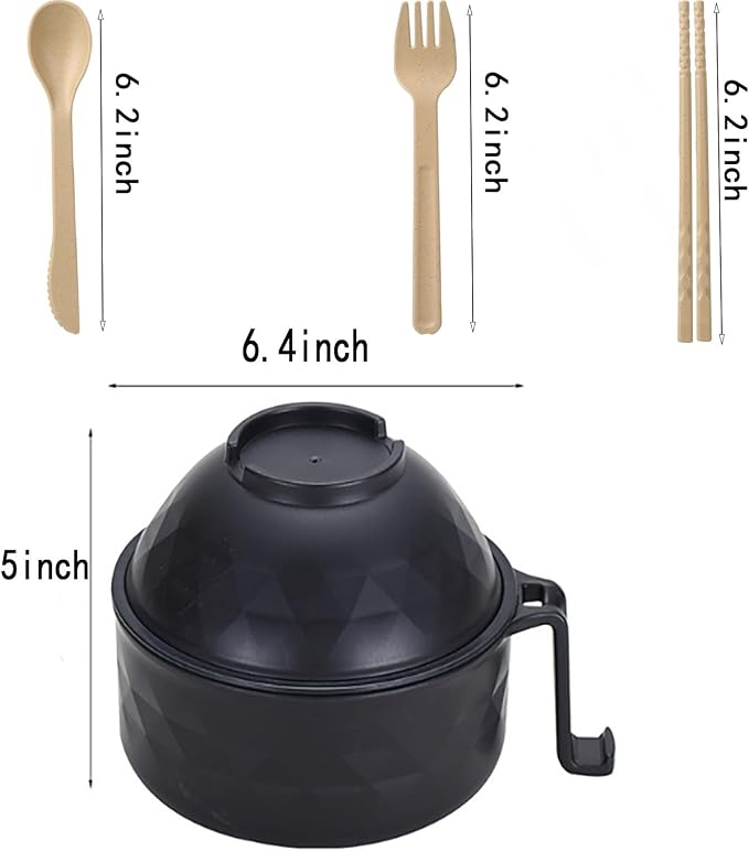 OZY Microwave Ramen Bowl，Ramen Noodle Cooker with Spoon Chopsticks Fork，Ramen Cooker with Handles，College Dorm Room Essentials，BPA-Free (Black)