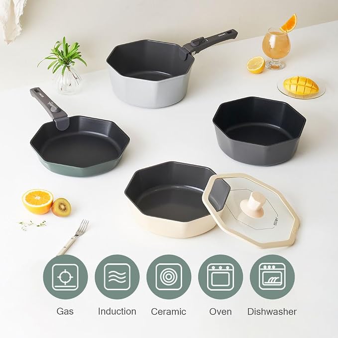 [UPIT] Korean Octagonal Cookware Set, Detachable Handle, Oven-to-Table Nonstick Space-Saving Kitchen Set for All Stovetops