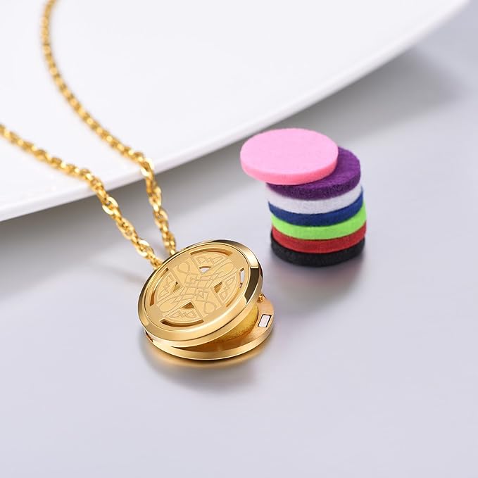PROSTEEL Personalized Customize Essential Oil Diffuser Locket Aromatherapy Diffuser Celtic Knot Cross Pendant 18K Real Gold Plated 30mm Round Aromatherapy Womens Jewelry