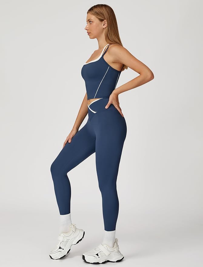 ABOCIW Workout Sets for Women 2 Piece Color Block Strappy Sports Bra High Waist Shorts Gym Yoga Pilates Outfits