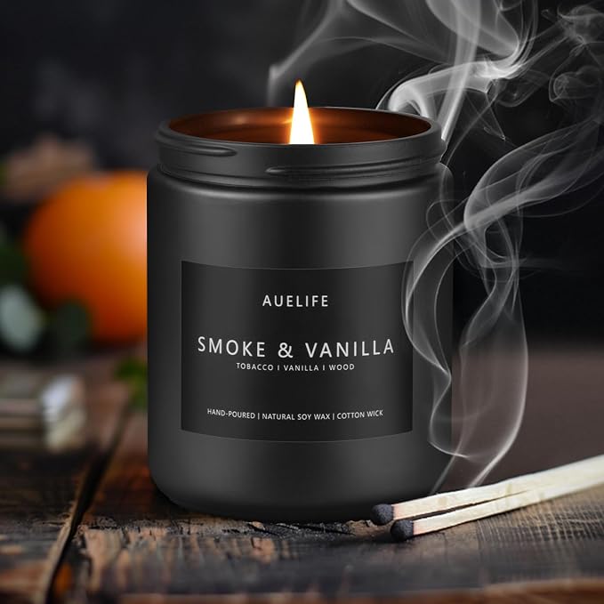 Auelife Smoke Vanilla Scented Candle, 7 oz Soy Candle for Men | 50H Burn Time, Candles for Home Scented, Cotton Wick, Gift for Men Him,Home Office Decor