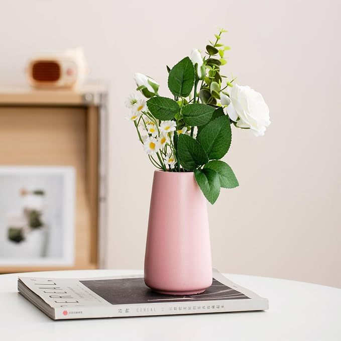 Simple Boho Ceramic Flower Vase for Home Decor (Solid Pink,Small) | 6'' Modern Cute Vase for Flower Plant Pampas Grass, Fit for Table Shelf Centerpieces, Living Room Bedroom Wedding Gift