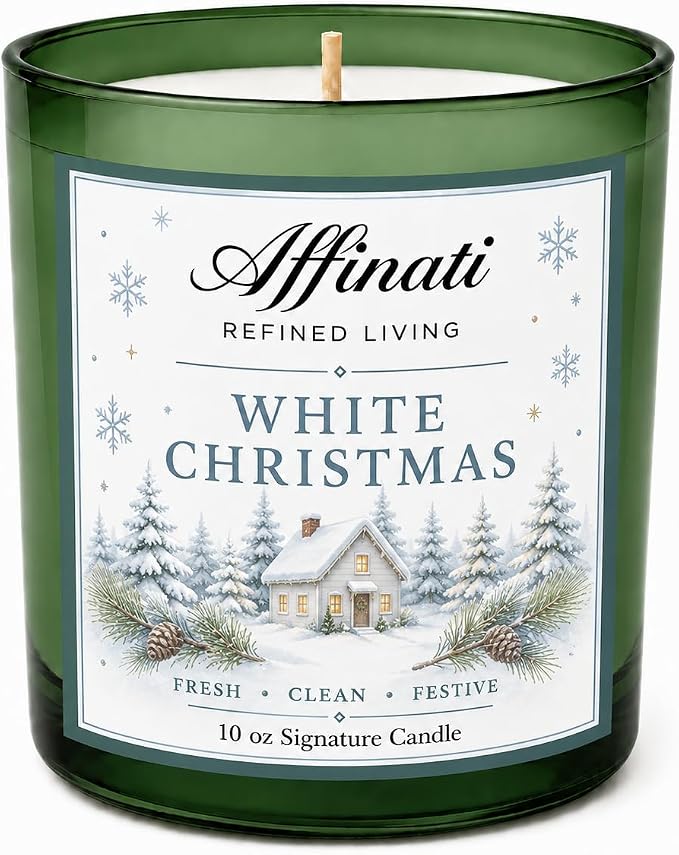 Affinati White Christmas 10 oz Scented Candle – Long Lasting Holiday Soy Blend Candle for Home, Strong Scent Throw Crisp Evergreen Pine Winter Candle, Premium Clean Burning Festive Gift