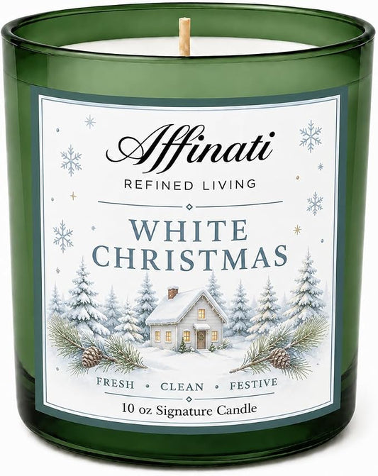 Affinati White Christmas 10 oz Scented Candle – Long Lasting Holiday Soy Blend Candle for Home, Strong Scent Throw Crisp Evergreen Pine Winter Candle, Premium Clean Burning Festive Gift
