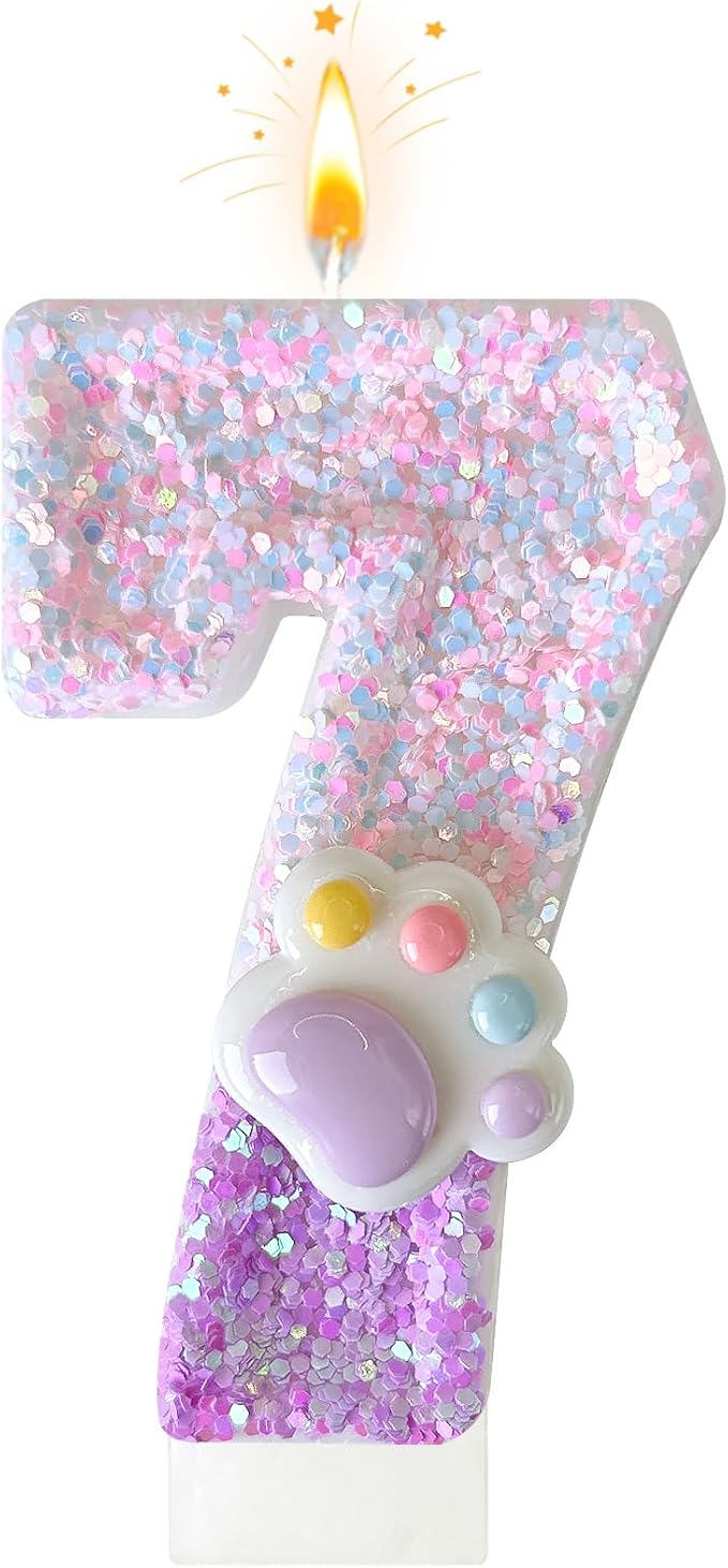 Pink Cat and Dog Paw Birthday Number Candles, Cupcake Decorations, Dog Theme Candles, Suitable for Party Celebrations, Birthday Decoration Supplies (Number 7)