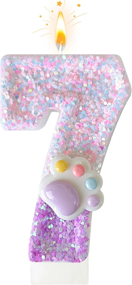 Pink Cat and Dog Paw Birthday Number Candles, Cupcake Decorations, Dog Theme Candles, Suitable for Party Celebrations, Birthday Decoration Supplies (Number 7)