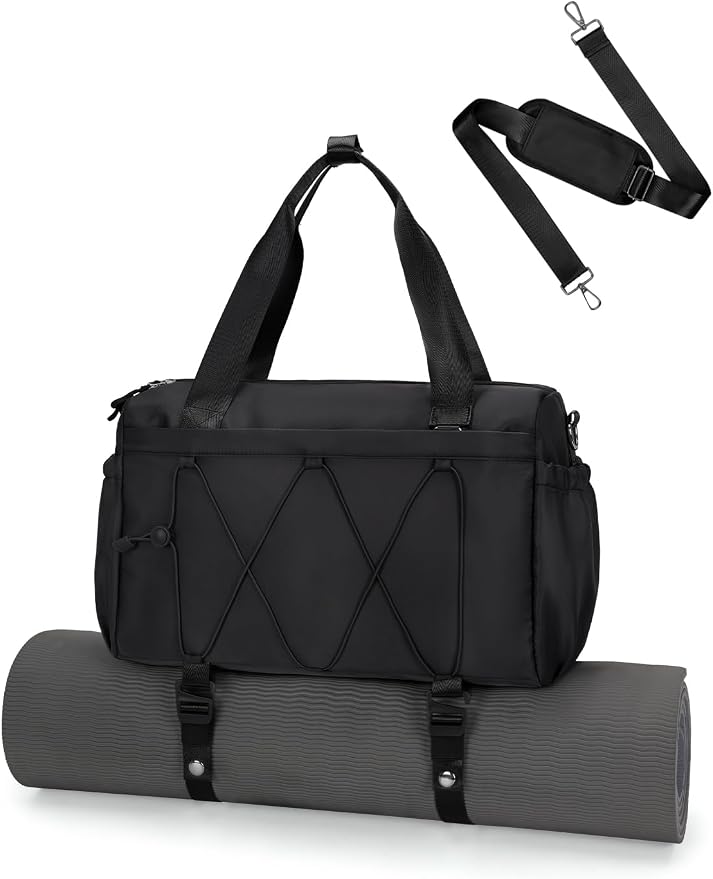 Small Gym Bag for Women with Yoga Mat Holder and Wet Compartment, Mini Gym Duffle Bag Yoga Bag with Water Bottle Pocket for Workout Travel, Black