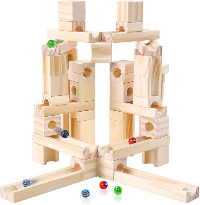 Wooden Marble Run STEM Learning Toys for Kids 4-8 | 60+ Expandable Building Blocks with Glass Marbles & Guide | Safe Birchwood Construction (ASTM Certified)