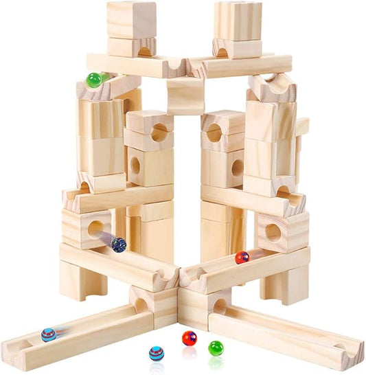 Wooden Marble Run STEM Learning Toys for Kids 4-8 | 60+ Expandable Building Blocks with Glass Marbles & Guide | Safe Birchwood Construction (ASTM Certified)