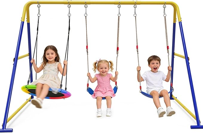3-in-1 Swing Set for Backyard for Kids, with 1 Platform Swing, 2 Belt Swing, 600lbs Metal Swing Set for Toddler, Heavy-Duty Swing Stand w/8 Ground Stakes, Outdoor Swingset for Kids Adults (Blue)