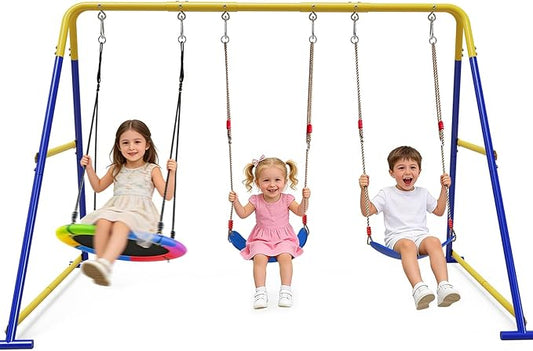 3-in-1 Swing Set for Backyard for Kids, with 1 Platform Swing, 2 Belt Swing, 600lbs Metal Swing Set for Toddler, Heavy-Duty Swing Stand w/8 Ground Stakes, Outdoor Swingset for Kids Adults (Blue)