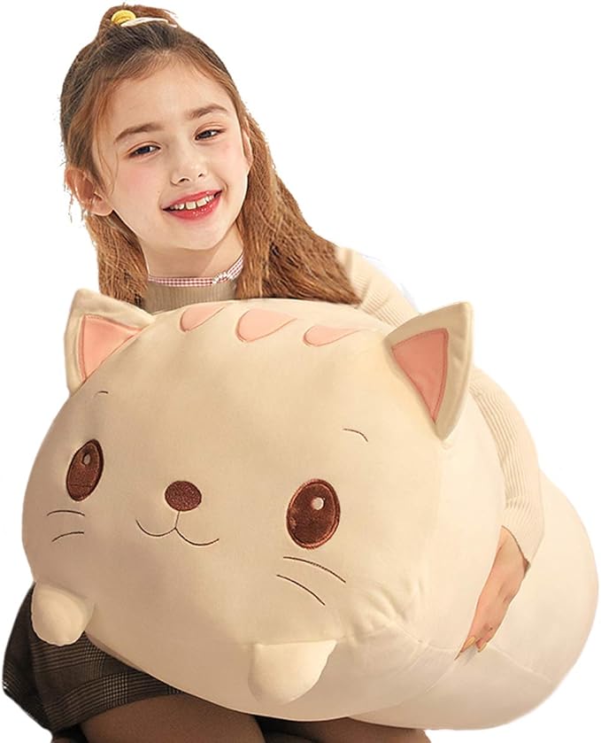 ELAINREN Super Fluffy White Cat Stuffed Pillow Ultra-Soft Kitten Cat Plush Hugging Pillow Adorable Anime Kitty Cat Shape Plushie Cushion Decor Gifts/23.6''