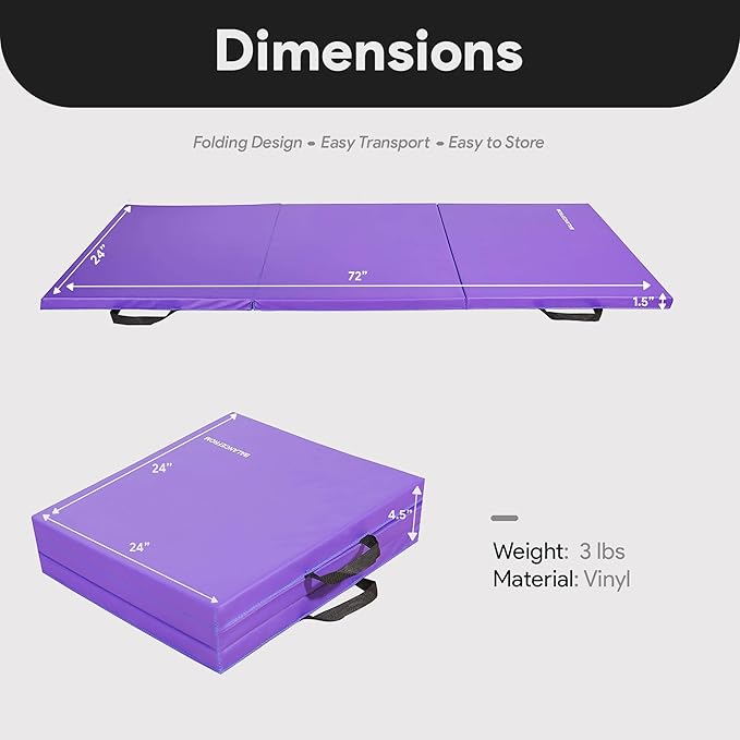 BalanceFrom 6x2 Feet 3-Panel Folding Gymnastics Mat – 1.5-Inch Thick Pad with Vinyl Surface and Carrying Handles for Tumbling, Yoga, Pilates, Home Workouts, and Martial Arts