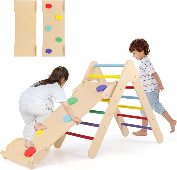 OLAKIDS Pikler Triangle Set 3 in 1 Climbing Toys for Toddlers Wood Montessori Baby Jungle Gym with Ramp Ladder Slide Kids Indoor Playground Activity Play Structure