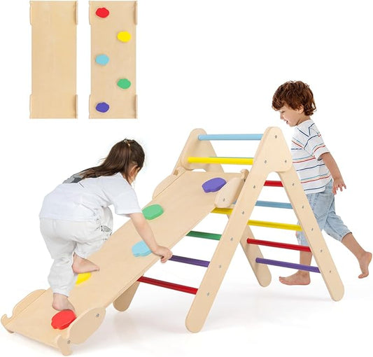 OLAKIDS Pikler Triangle Set 3 in 1 Climbing Toys for Toddlers Wood Montessori Baby Jungle Gym with Ramp Ladder Slide Kids Indoor Playground Activity Play Structure