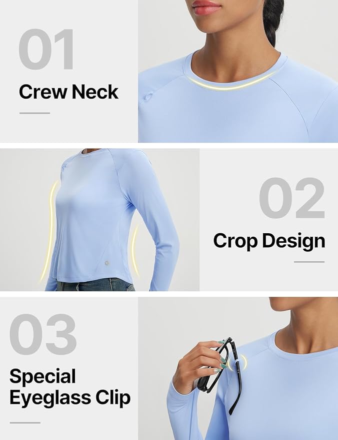 baleaf Women's UPF 50+ Long Sleeve Sun Shirts Crop Rash Guard UV Workout Tops SPF Slim Fit Lightweight Athletic Hiking