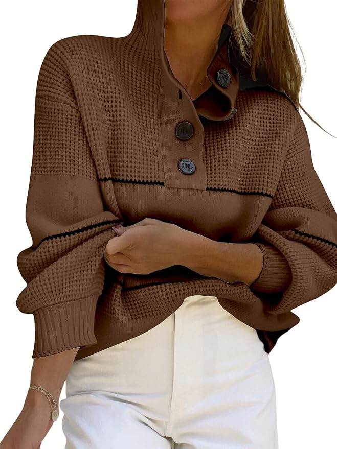 chouyatou Women's Slouchy Waffle Knit Sweater 1/2 Button Polo Collared Pullover Striped Sweater Tops