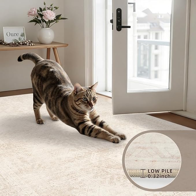 Round Area Rug for Living Room: 8ft Vintage Boho Neutral Washable Circle Rug Soft Large Circular Carpet for Bedroom Nursery Farmhouse Dining Room Office Floor Non-Slip Low Pile Under Table Rug Beige