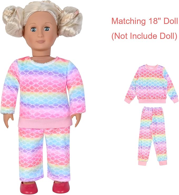 QPANCY Matching Doll & Girls Fleece Pjs Set kids Fall Winter Long Sleeve Sleepwear 2 Piece Pajamas