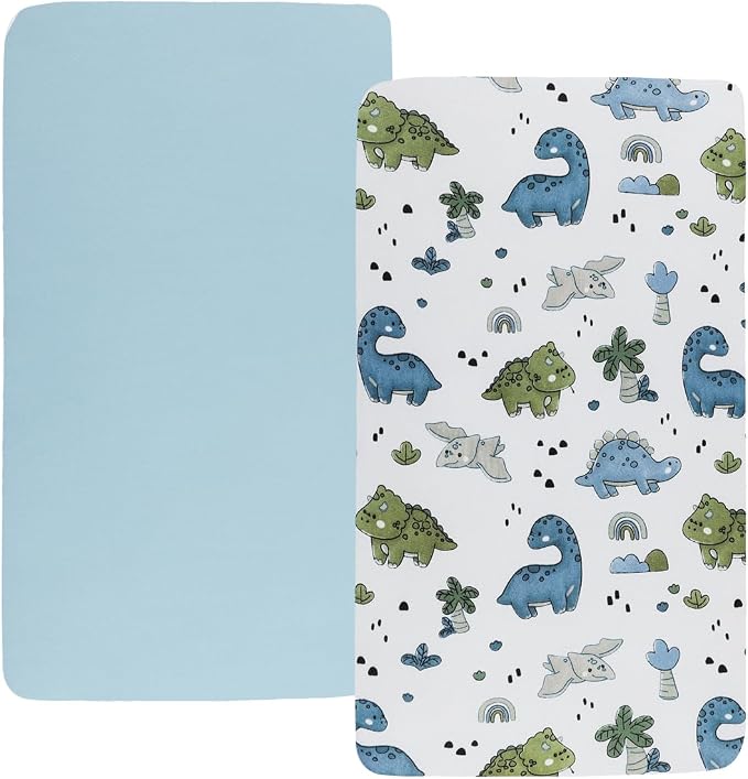 Stretchy Fitted Crib Sheets Set 2 Pack Portable Crib Mattress Topper for Baby Girl Boy,Ultra Soft Jersey Material, Light Blue & Dinosaur
