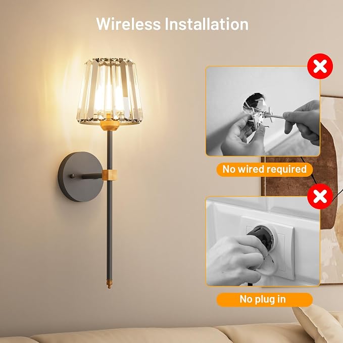 Crystal Battery Operated Wall Sconces Set of 2, Black and Gold Rechargeable Wireless Wall Lights with Crystal Lampshade, 12 RGB and 3CCT Dimmable Wall Lamps with Remote for Bedroom Living Room Hallway