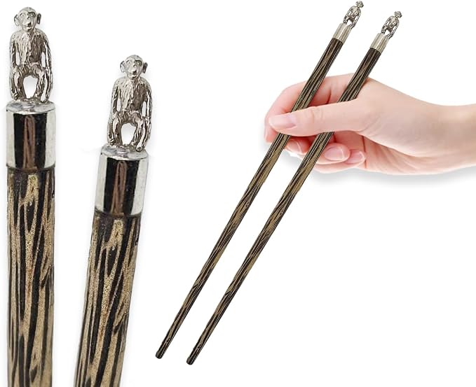 Wooden Chopsticks 9⅞" Long Coconut Palm Wood Chopstick With Metal Monkey Top Eating Utensil Oriental Cutlery Asian Tableware Decorative Dinnerware to Serve Chinese Japanese Korean Food