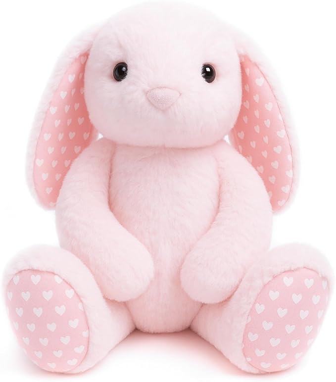 Pink Rabbit Bunny Stuffed Animal Plush Toys with Floppy Ears & Heart Print for Lover, Kids, Boys, Girls, Babies - Perfect Birthday Nursery Décor Easter Christmas Bedtime Gift