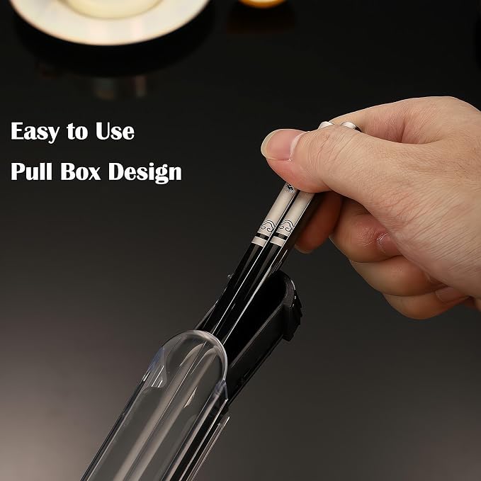 Portable Chopsticks, 2PC Black Eagle,18/8 Stainless Steel | Pull Design Case, Titanium Plated, Reusable, Dishwasher Safe