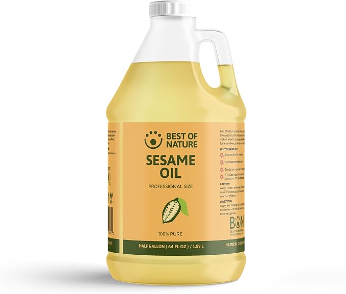 Best of Nature 100% Pure Sesame Oil – Natural Unscented Massage Oil, Deep Moisturizing Body & Skin Oil, Perfect Carrier Oil for Essential Oils, Half Gallon (64 fl oz)