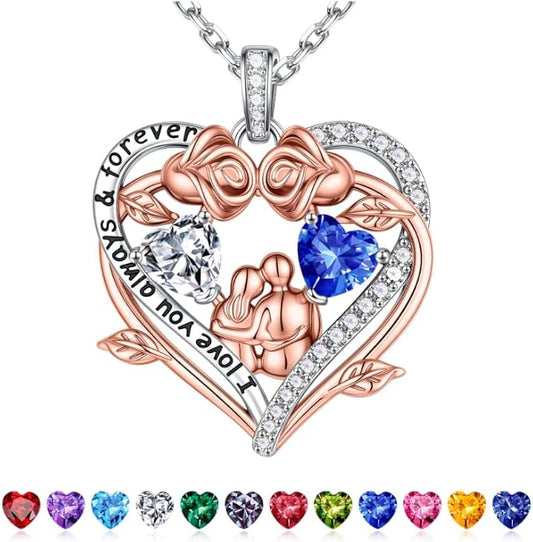 Iefil Valentines Gifts for Her Wife - 925 Sterling Silver Double Heart Birthstone Necklace, Anniversary Birthday Gifts for Women Wife Girlfriend
