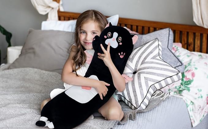 Long Cat Body Pillow for Kids, Cute Cat Stuffed Animals Gifts for Girls, Long Cat Plush Toy for Birthday, Soft Cat Plushies Pillow (AngelCat Pink, 35.4in/90cm)