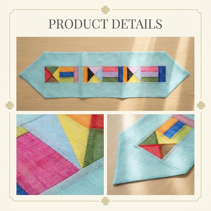 Korean Bojagi Table Runner Sky Blue Ramie Patchwork Dining Table Runner | Traditional Korean Patchwork Decor, Farmhouse Table Accent, Lightweight Ramie Fabric, Everyday Dining & Seasonal Display