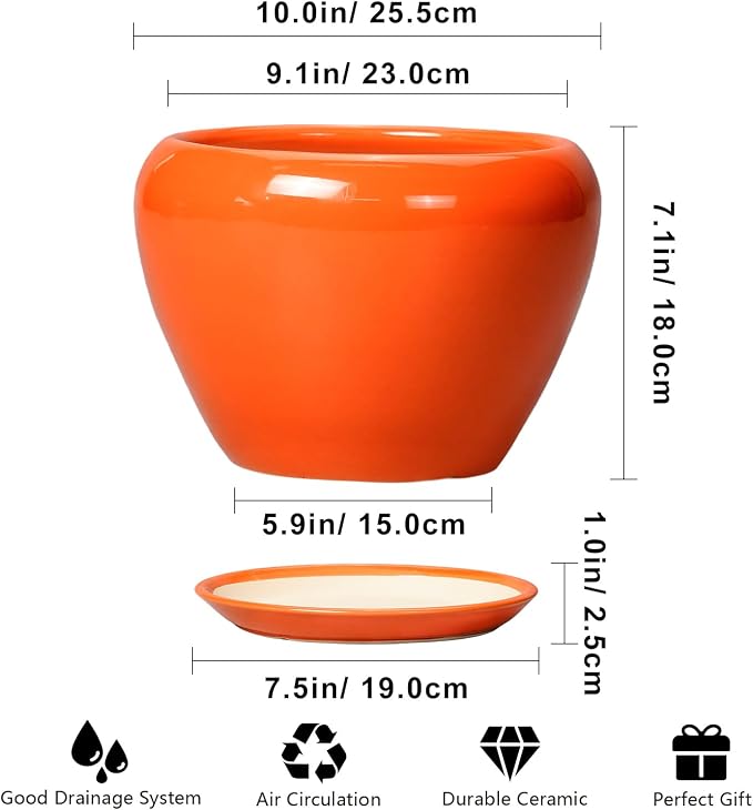 Ceramicfor Ceramic Pot for Plants - 10 Inch Plant Pot with Drainage Hole and Saucer, Modern Round Glaze Planter for Indoor Outdoor Plants, Plant Lover Gifts, Home Garden Office Decor, Orange