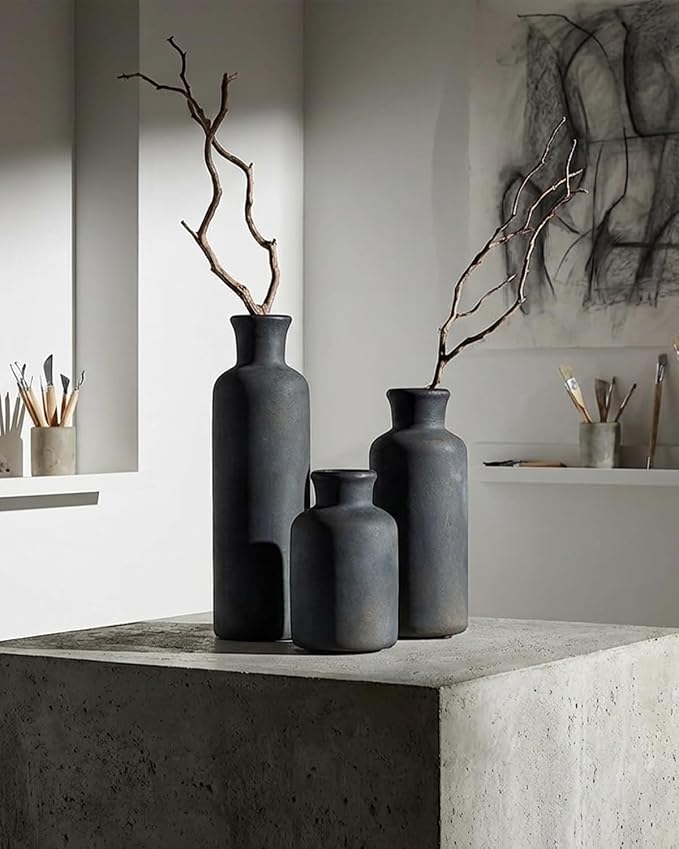 Black Ceramic Vase Set of 3, Vintage Brushed Gold Effect for Home Decor | Matte rustic flower vases for living rooms, dining tables, mantels and centerpieces