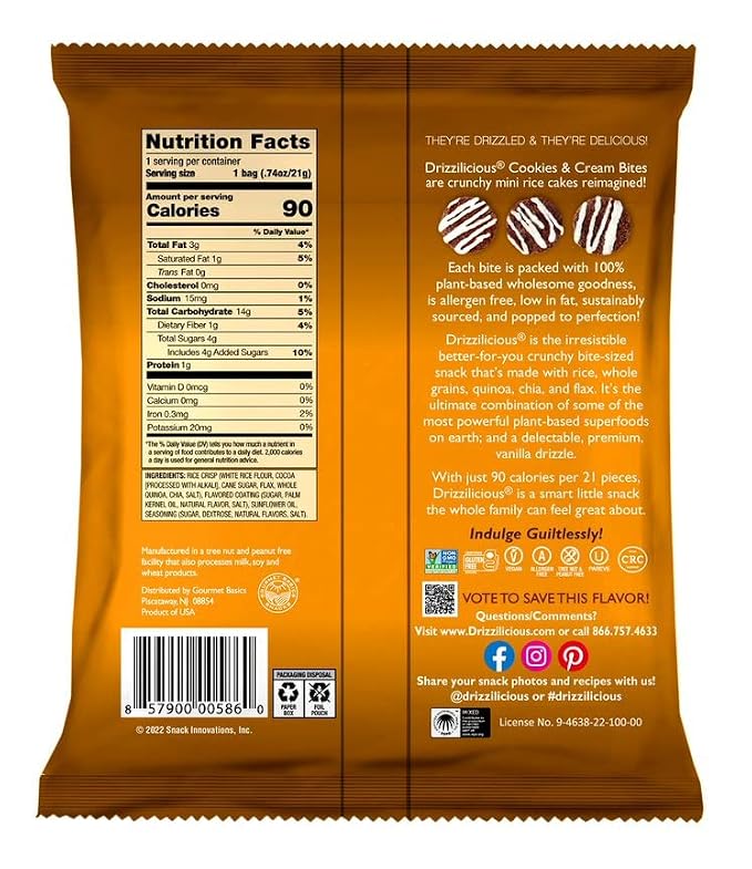 Drizzilicious Mini Flavored Rice Cakes Cookies & Cream - Rice Crisps, Healthy Snack for Adults and Kids, Vegan, Gluten Free Snack, Allergen Free, Only 90 Calories Per Bag - 0.74 oz (Pack of 10)