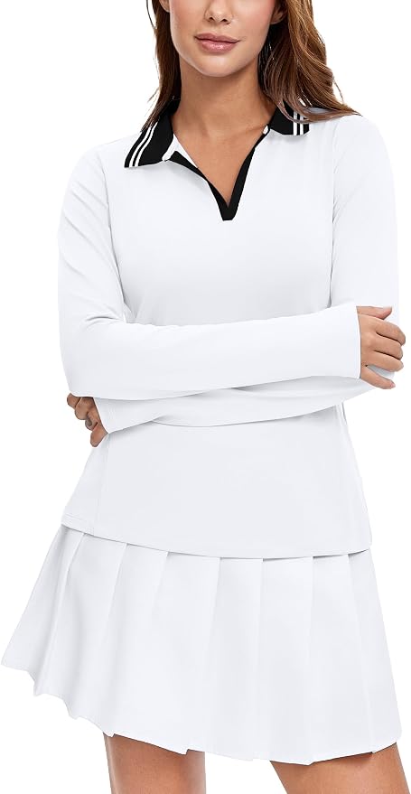 MathCat Womens Golf Shirts, Long Sleeve Polo Shirts Collared V Neck Tennis Shirts Breathable Athletic Tops