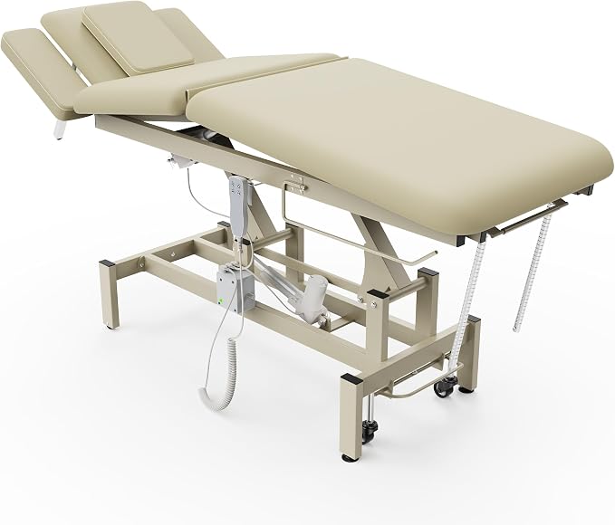 2 Motors Electric Massage Table, Hydraulic Electric Lift Adjustable Waist and Height Lifting Functions for Treatment, Physical Therapy, Spinal Massage, Facial Spa, Waxing, Tattooing - Beige Gray