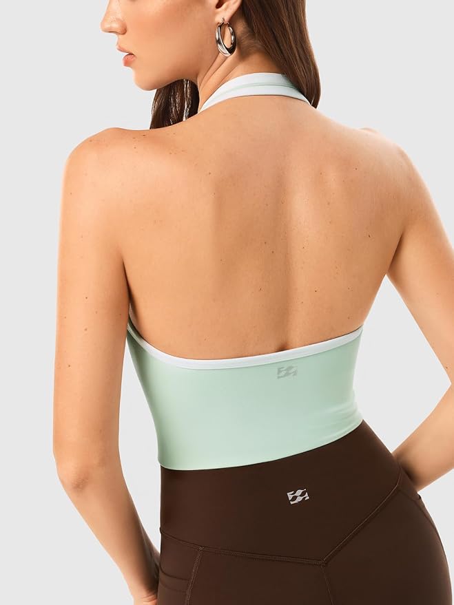 Halter Workout Top for Women: Open Back Sports Bra Color Block Tops with Built in Bra Yoga Gym Crop