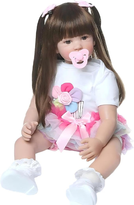 Pinky 24 inch 61cm Lovely Reborn Baby Girl Dolls Toddler Realistic Looking Life Like Baby Doll Vinyl Silicone Long Hair Babies Toy Gift