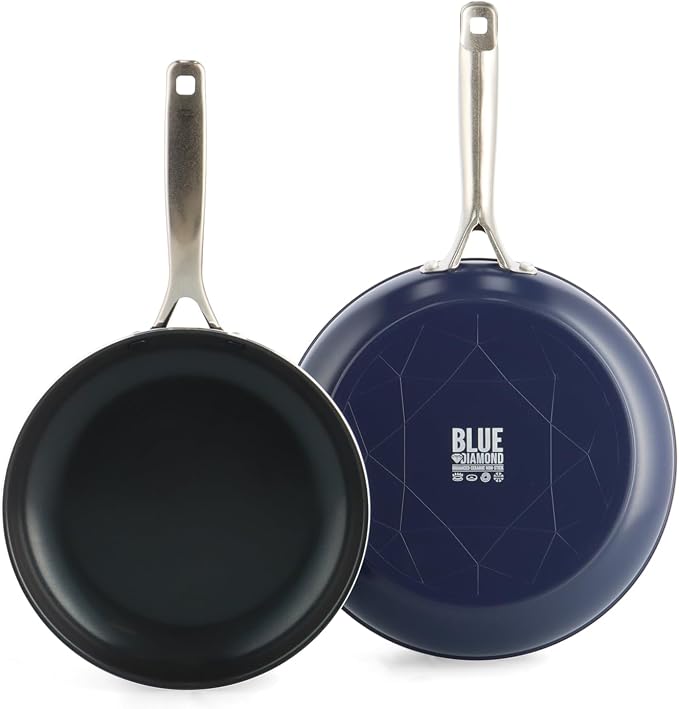 Blue Diamond 2 Piece Nonstick Frying Pan Set, 9.5” & 11" Skillets, PFAS-Free Ceramic, Dishwasher & Oven Safe, Stainless Steel Handle, Durable Metal Utensil Safe, Egg & Omelet Pans, Blue | 9.5" x 11" Skillets, PFAS-Free Ceramic Nonstick, Dishwasher & Ov...