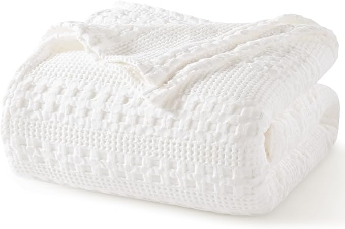 PHF 100% Cotton Waffle Weave Blanket Queen Size, Lightweight Breathable Summer Blanket for Hot Sleepers, Pre-Washed Soft Layer for Bed, Couch, Aesthetic Home Decor & Gift, 90"x90", White