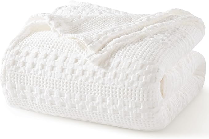 PHF 100% Cotton Waffle Blanket Twin Size, Lightweight Breathable Summer Blanket for Hot Sleepers, Pre-Washed Soft Layer for Bed, Dorm, Couch & Guest Room, Home Decor Gift, 66"x90", White