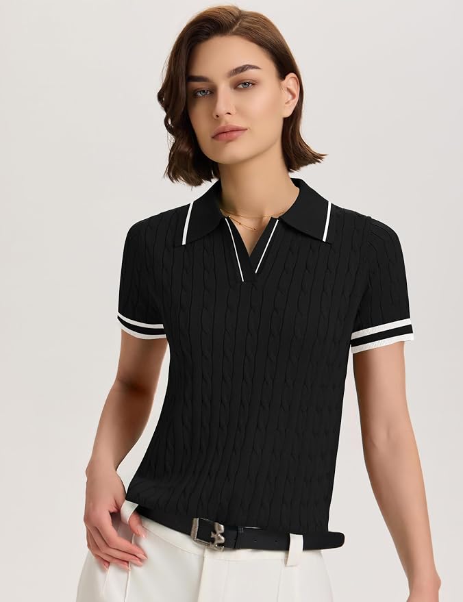 Micoson Womens Short Sleeve Sweater Tops Lapel V Neck Polo Shirts 2026 | Summer Cable Knit Loose Blouses, Business Casual Outfits