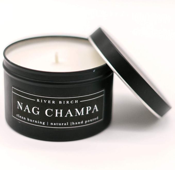 River Birch Candles Nag Champa Scented Candle | Premium, All-Natural, Non-Toxic, Soy Candles | 8 oz. Black Matte Tin Travel Candle | Cozy Relaxing Gifts for Home