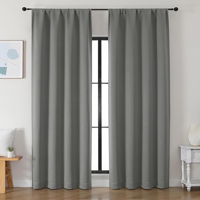 Simplebrand Ava Light Grey Blackout Curtains for Bedroom 90 Inches Long 2 Panels Set, Solid Privacy Energy Saving Living Room Window Treatment Curtains Blackout Drapes, W50 x L90 Inch, Light Grey